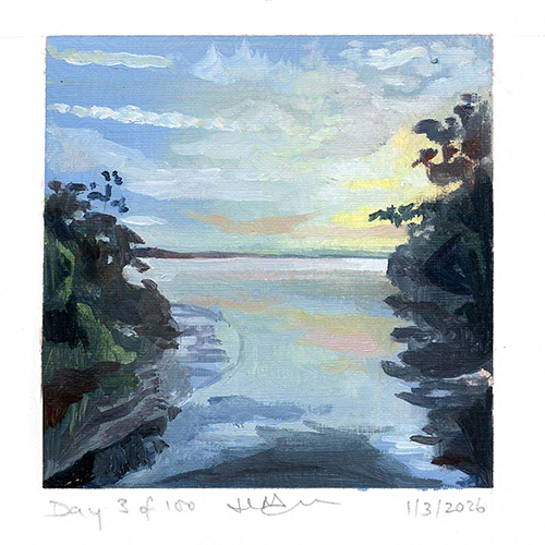 Estuary Sunrise. Oil painting of sunrise near entrance to Philippe Park.