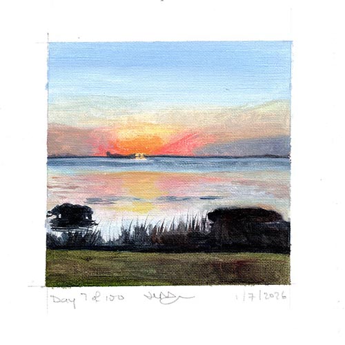 North Bayshore. Oil painting of sunrise over Old Tampa Bay along North Bayshore Blvd.
