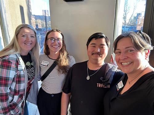 Amber, funeral director and ambassador with Hannah, Jordan and Joseph during Business Unwind event at Trifecta