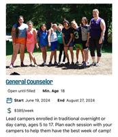 Camp Sealth- General Counselor $385 per week, June 19-August 27