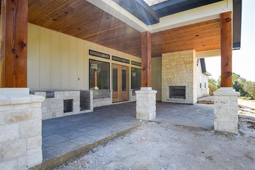 Brenham Farmhouse Design - Outdoor Kitchen & Back Porch Overlooking Pond - In Progress