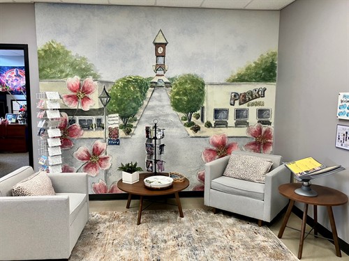 A place to relax in comfortable chairs inside the Perry Welcome Center