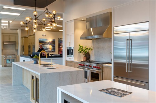 Wolf range, coffee maker and refrigerator display at Designer Appliances