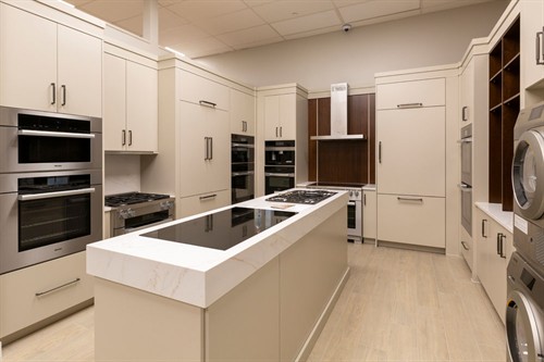 Miele oven, dishwasher, refrigerator, cooktop and range display at Designer Appliances