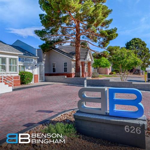 The Benson & Bingham logo displayed outside their Las Vegas office reflects the firm’s trusted reputation in personal injury law across Nevada.