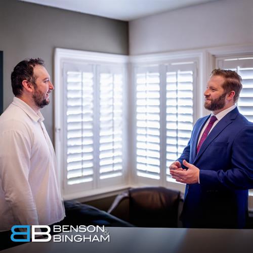 At Benson & Bingham’s Downtown office, attorneys Jordan Kingsley and Tye Masters collaborate on strategies to support clients in their injury cases.