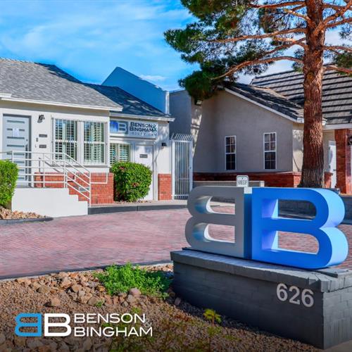 The Benson & Bingham logo at their Downtown Las Vegas office reflects the firm’s dedication to helping clients after car accidents and serious injuries.