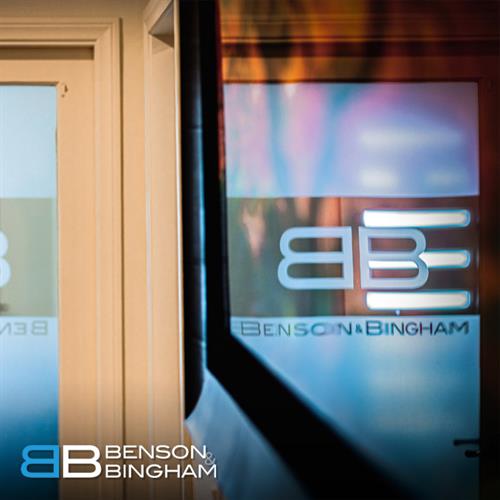 The entrance of Benson & Bingham Law Firm in Downtown welcomes clients seeking trusted help with personal injury, wrongful death, and workers’ compensation cases.
