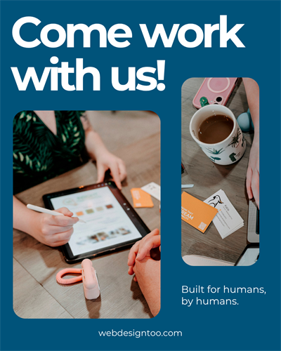 Person using a tablet with a stylus during a collaborative web design session, with workspace items like a phone, mug, and business cards nearby, alongside text reading “Come work with us” and “Built for humans, by humans.”