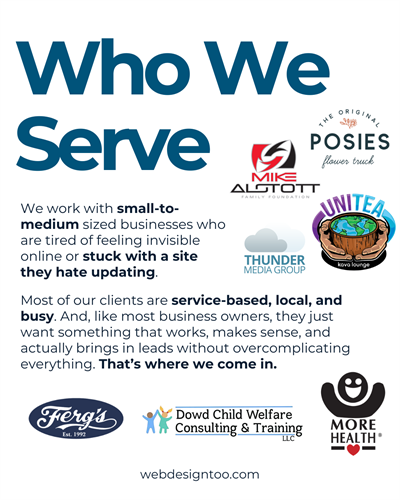 Graphic titled “Who We Serve” explaining that WebDesignToo works with small-to-medium, service-based businesses that need simple, effective websites, alongside a selection of client logos.