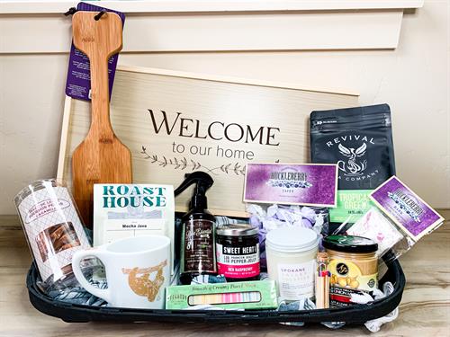 This BBQ themed closing basket is so much fun! Personalized BBQ set, personalized BBQ scraper, and lots of fun PNW goodies to make this family feel very taken care of. 