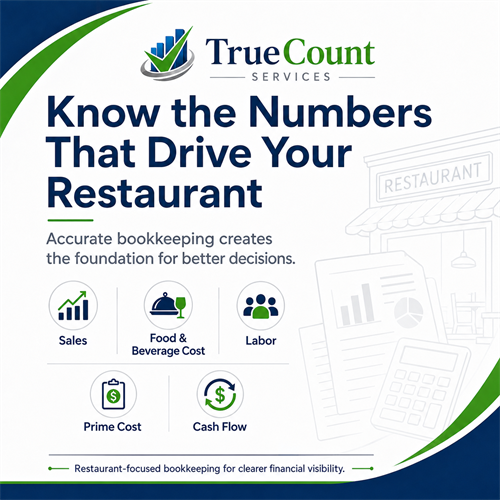 TrueCount Services helps restaurant owners gain clearer financial visibility by focusing on the numbers that matter most, including sales, food and beverage cost, labor, Prime Cost, and cash flow.