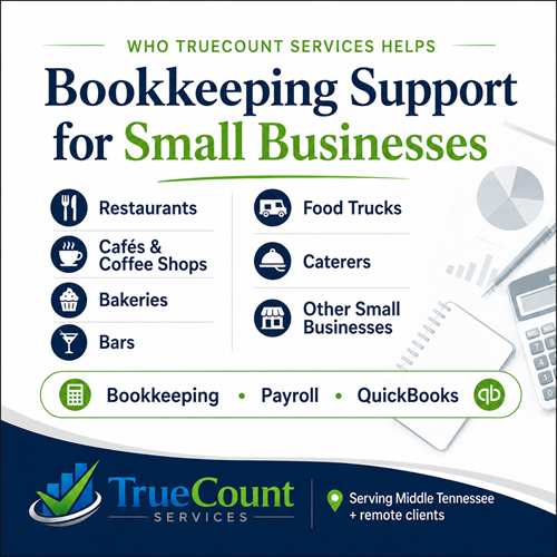 Bookkeeping, payroll, and QuickBooks support for restaurants, food-and-beverage businesses, and other small businesses throughout Middle Tennessee and beyond.