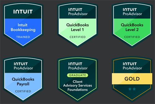 Danielle Williams’s Intuit and QuickBooks ProAdvisor credentials, including QuickBooks Online Level 1 and Level 2, QuickBooks Payroll, and Client Advisory Services training.