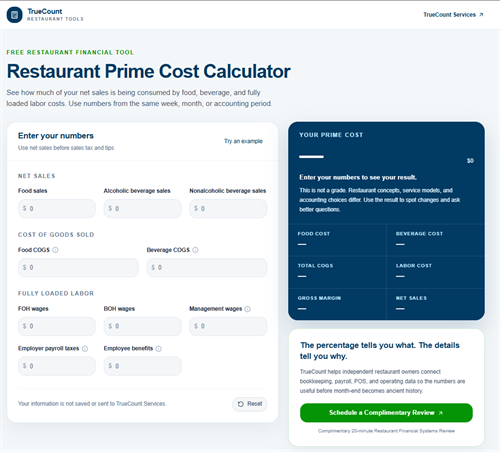 TrueCount’s free Prime Cost Calculator helps restaurant owners see food, beverage, and labor costs together as a percentage of sales.