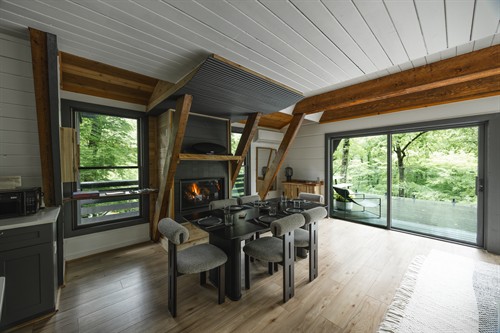 Dine in front of our electric fireplace. 