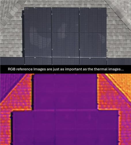 Thermal imaging inspection of solar panels showing probable damage