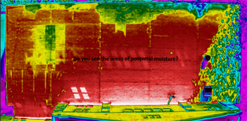 Thermal Image of roof inspection showing probable moisture intrusion