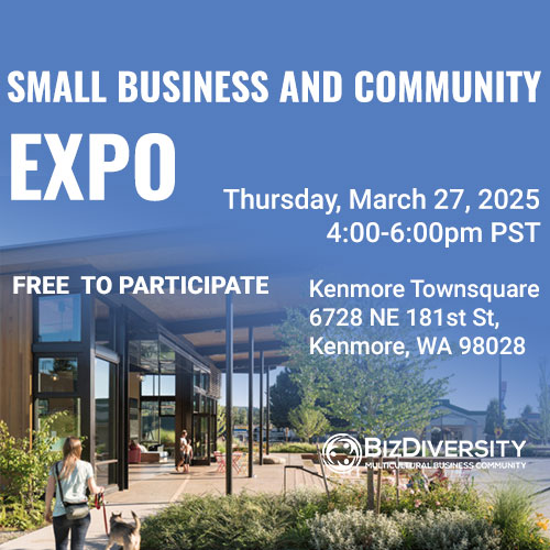 Banner showing outside of Kenmore Townsquare hanger with text message announcing the Small Business and Community Expo on Thursday,  March 27, 2025  from 4-6pm PST