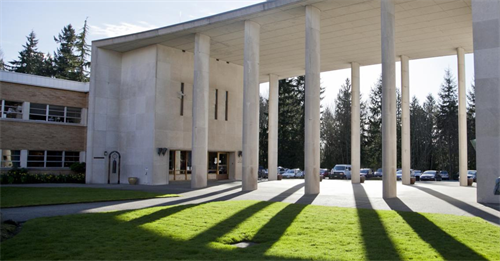 Bastyr University interior of courtyard looking to through pillars