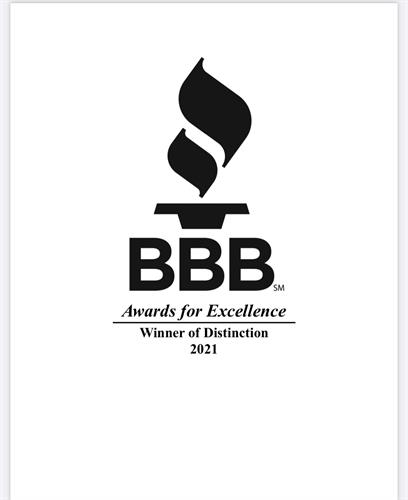 Winner of Distinction for 2021 from the Better Business Bureau!