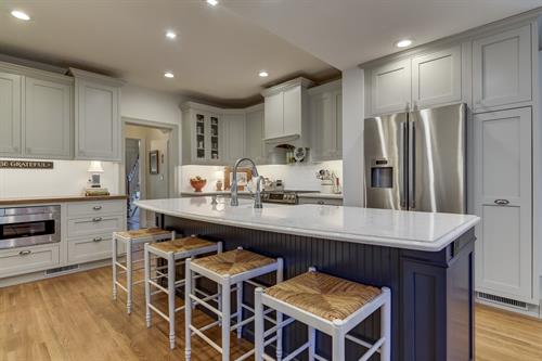 Grey and Blue Kitchen with inset cabinets