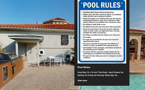 Unlock the potential of Virtual Tours for training – explore a pool area with interactive tags, such as the Pool Rules sign, for an engaging learning experience.