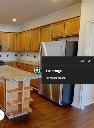 Optimize property management with Virtual Tours – navigate a kitchen and find helpful tags, like "Fix fridge, Ice Maker broken," for streamlined maintenance.