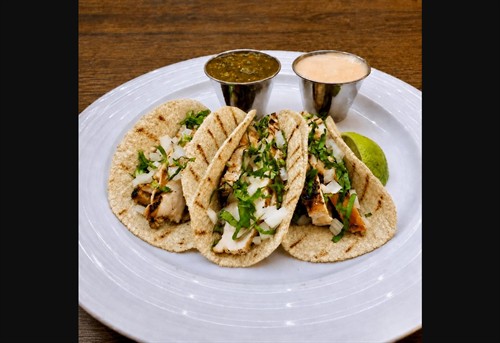 Chicken Tacos. Grilled chicken with onion, cilantro and sauces. Gluten free and seed oil free at EAT THIS Fast & Fresh.