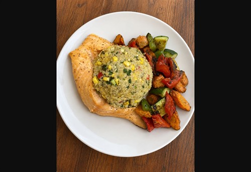 Southwest Stuffed Salmon. Salmon with cilantro lime quinoa and vegetables. Gluten free and seed oil free at EAT THIS Fast & Fresh.
