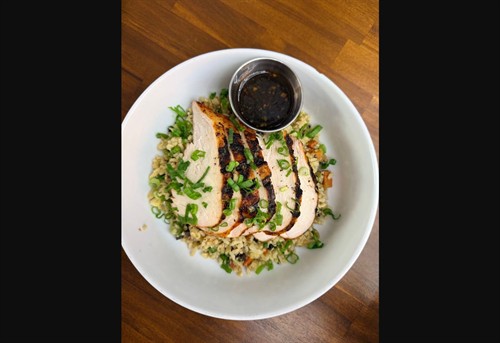 Teriyaki Chicken & Cauli Fried Rice. High protein meals to go from EAT THIS Fast & Fresh in The Woodlands.