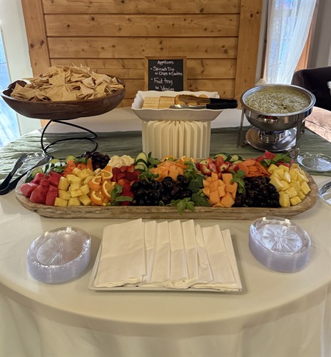 Apps Spinach Dip with Chips and Fruit and Veggie Tray