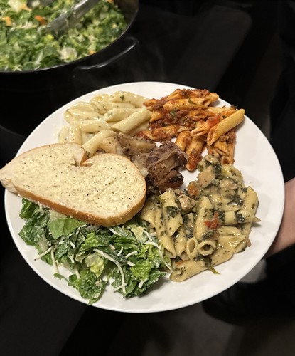 Tuscan Chicken pasta, Spaghetti with Meat sauce, Chicken Alfredo, Roasted Potatoes, Caesar Salad and French Bread with Garlic Butter