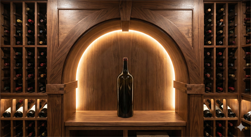Detailed shot of wooden wine rack niche in The Woodlands, TX.