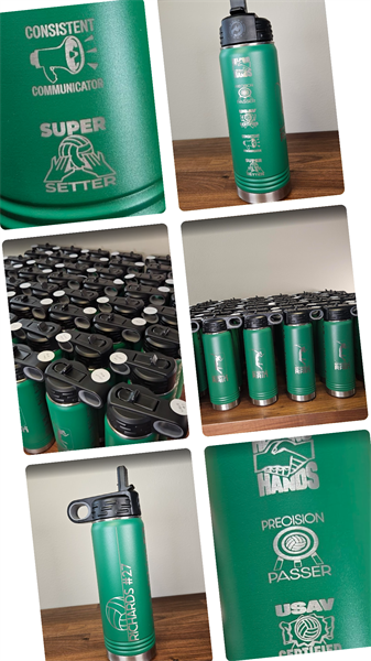 Custom engraved water bottles for Emerald Rain Volleyball, personalized with each player's name and number as part of their uniform package.