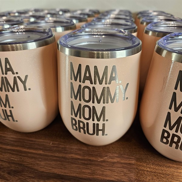 Custom engraved stemless wine tumblers produced for boutique retailer.