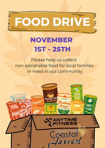 We are currently taking non-perishable donations for Coastal Harvest to help local families in need