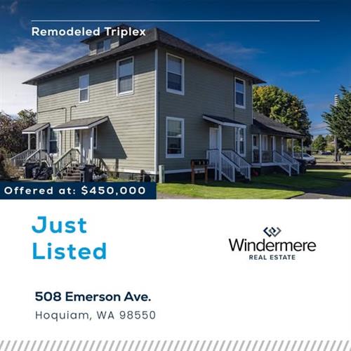 Listed by ~ Joy Beard-Eggert Remodeled triplex on Emerson Ave in Hoquiam. Two of the units have 2 bedrooms and 1 bath. The third unit has 3 bedrooms and 1 bath. Many improvements: New siding & paint 2020-2022.