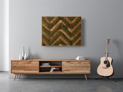 Moss Pure's Live Moss Zigzag Frame. The Zigzag moss frame is made out of 100% reclaimed wood and is a live moss air filter and stress relief device.