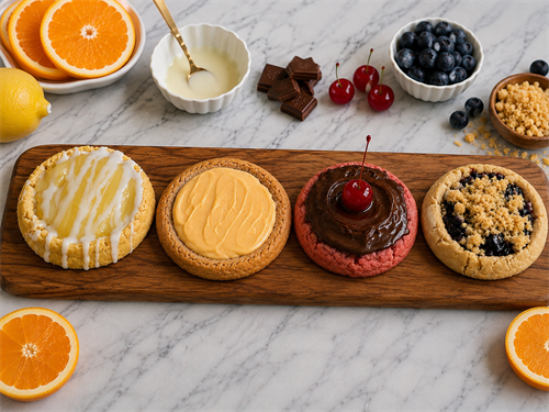 Gourmet cookies - lemon glazed, orange creamsicle, chocolate covered cherry, & blueberry crumble