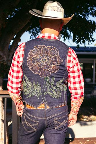 Custom jeans, shirt, and embroidered vest - all natural cotton