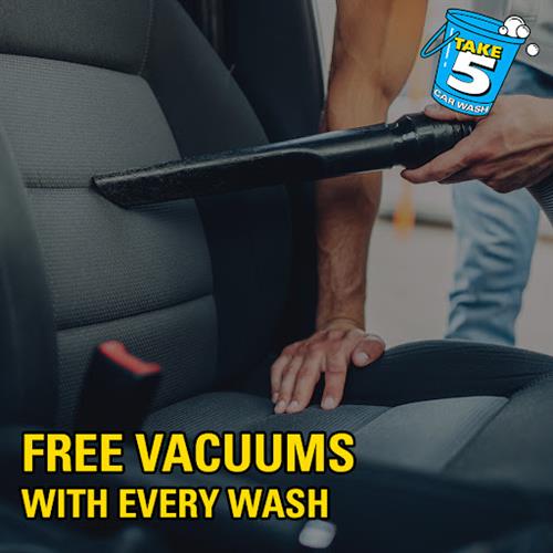 Say goodbye to dirty floor mats with our FREE mega-horsepower vacuums available with every wash. Stop by a Take 5 Car Wash today to have your car looking brand new!