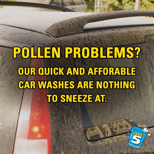 Don’t let pollen be a pain this spring season! Have your car shining in no time with our quick and affordable washes. Visit a Take 5 Car Wash near you and give your car the care it deserves!