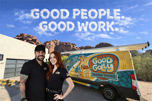 Venidis family, owners of Good Golly Garage Doors, standing in front of their popular service vans and a gorgeous garage door on an Arizona home.