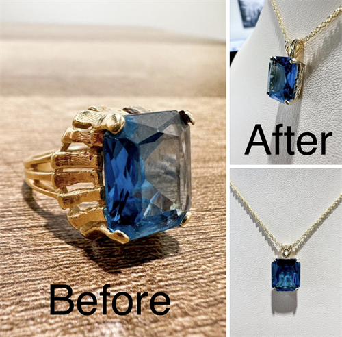 A stunning transformation! We turned our client's ring into a gorgeous pendant. Discover new ways to enjoy your jewelry!