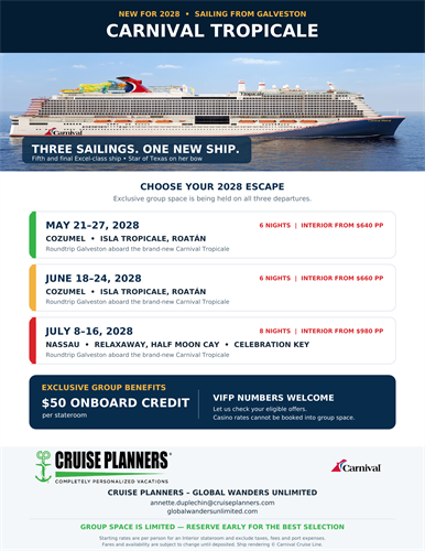 Carnival Tropicale May 2028