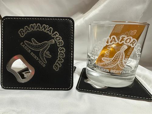 Custom leatherette coaster and Glass