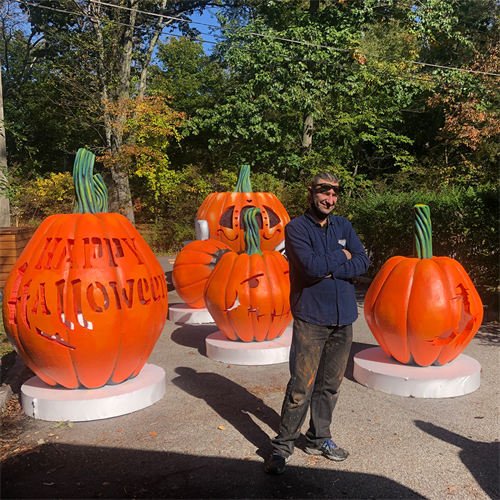 Giant Jack O' Lanterns - Customized with your choice of logo, face, message or character. Weather-proof, fire-safe, super durable, lightweight. Most stand 6' tall!