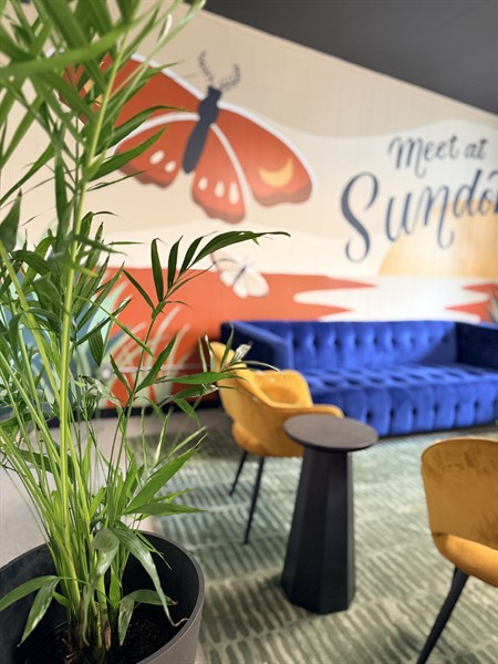 A cozy conversation area for post-event debriefs, gallery talks and more