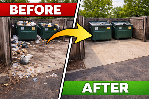 Commercial property cleanup in action—Tidy Lots removes litter and debris around trash enclosures, helping Grand Rapids businesses maintain clean, professional properties.